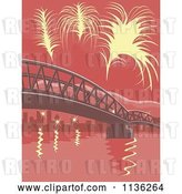 Vector Clip Art of Retro Yellow Fireworks over a Bridge with Red Tones by Patrimonio