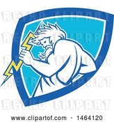 Vector Clip Art of Retro Zeus Holding a Thunder Bolt in a White and Blue Shield by Patrimonio