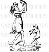 Vector Clip Art of Sketched Lady Playing a Tambourine and Dancing with a Cherub by Prawny Vintage