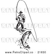 Vector Clipart of a Retro Wading Fisherman Reeling in a Fish by BestVector