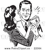 Vector Clipart of a Retro Wife Kissing Her Husband on the Cheek As He Hands Her Money by BestVector