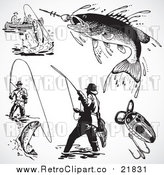 Vector Clipart of Retro Black and White Fishermen and Fish by BestVector