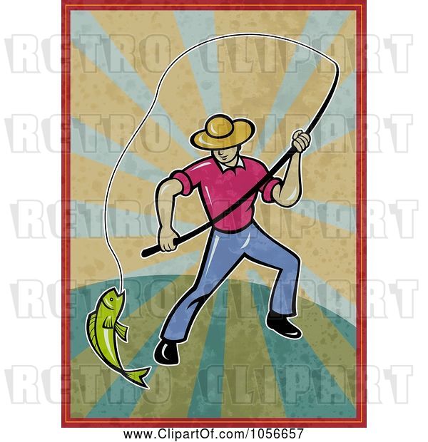 Clip Art of Fly Fisher Man Pulling in a Catch on Grungy Rays