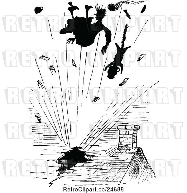 Clip Art of Lady and Cat Bursting Through a Roof in an Explosion