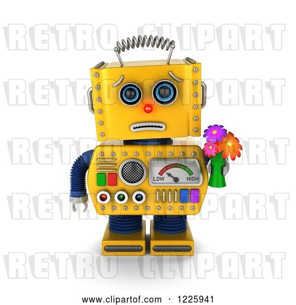 Clip Art of Retro 3d Apologetic Yellow Robot Holding Flowers
