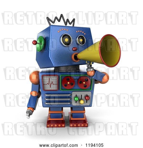 Clip Art of Retro 3d Blue Robot Announcing with a Megaphone