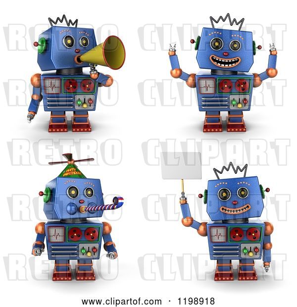 Clip Art of Retro 3d Blue Robot Toy in Four Poses 2