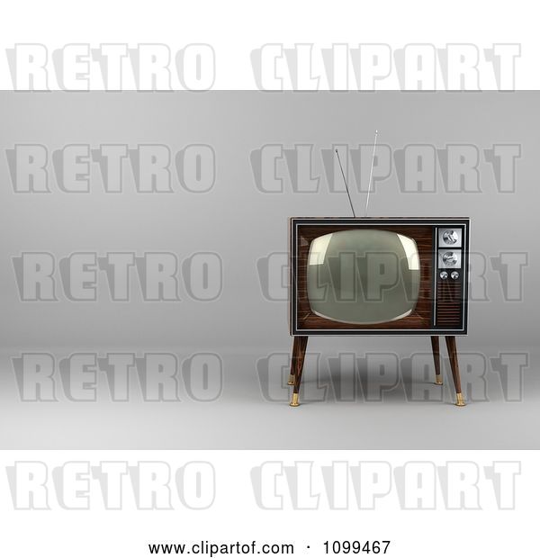 Clip Art of Retro 3d Box Television with Wood Veneer on Gray with Copyspace to the Left