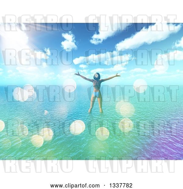 Clip Art of Retro 3d Carefree Happy White Lady in a Bikini, Wading in Water off of a Tropical Beach and Standing with Arms Open, with Flares