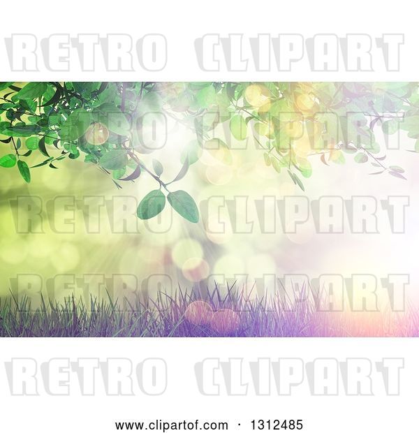 Clip Art of Retro 3d Green Leafy Vine over Grass and a Effect Sunset with Flares