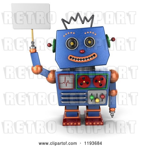 Clip Art of Retro 3d Happy Blue Robot Holding up a Sign