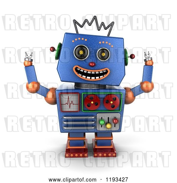 Clip Art of Retro 3d Happy Blue Robot with Both Arms up