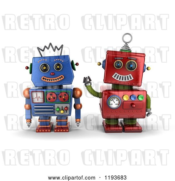 Clip Art of Retro 3d Happy Red and Blue Robot Friends