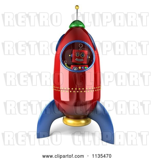 Clip Art of Retro 3d Happy Robot Astronaut in a Rocket
