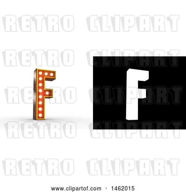 Clip Art of Retro 3d Illuminated Theater Styled Letter F, with Alpha Map for Isolation