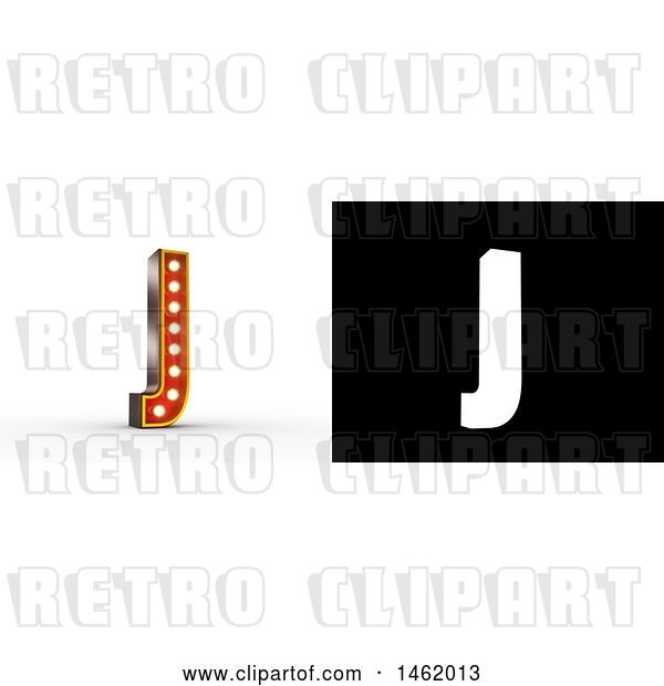 Clip Art of Retro 3d Illuminated Theater Styled Letter J, with Alpha Map for Isolation