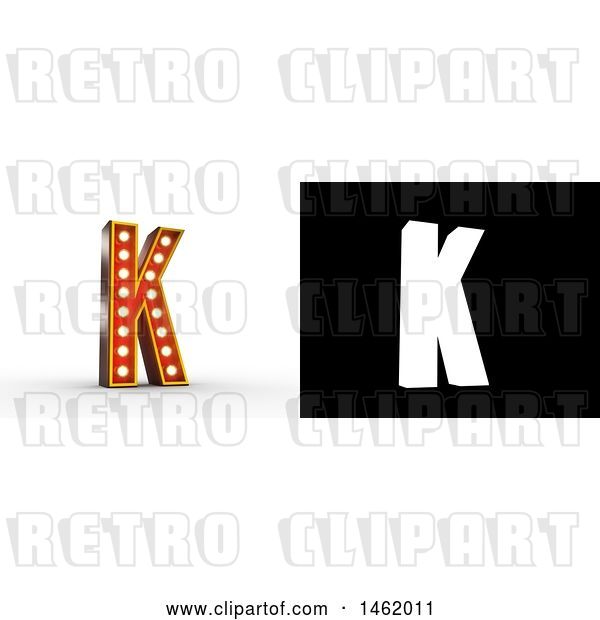 Clip Art of Retro 3d Illuminated Theater Styled Letter K, with Alpha Map for Isolation