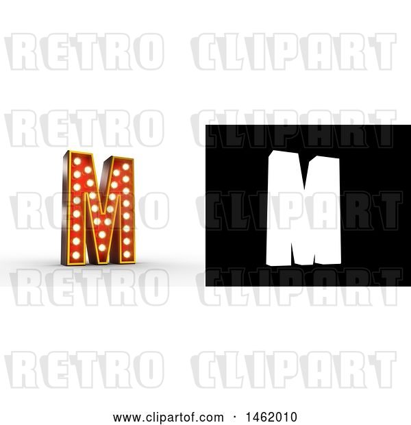Clip Art of Retro 3d Illuminated Theater Styled Letter M, with Alpha Map for Isolation
