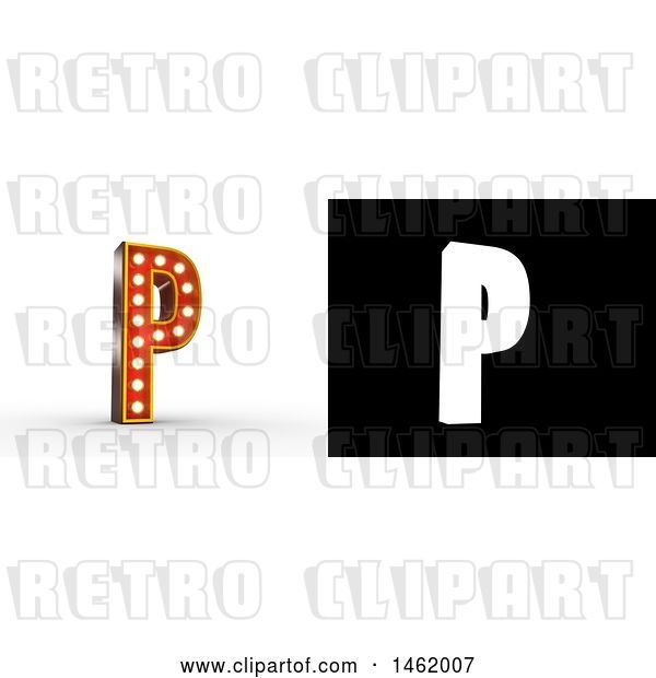 Clip Art of Retro 3d Illuminated Theater Styled Letter P, with Alpha Map for Isolation