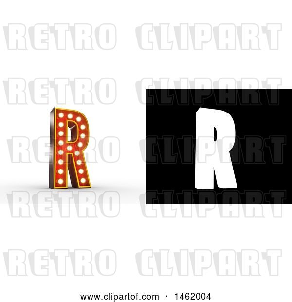 Clip Art of Retro 3d Illuminated Theater Styled Letter R, with Alpha Map for Isolation