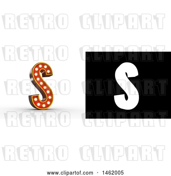 Clip Art of Retro 3d Illuminated Theater Styled Letter S, with Alpha Map for Isolation