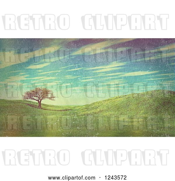 Clip Art of Retro 3d Landscape of Hills with One Tree and Filtering