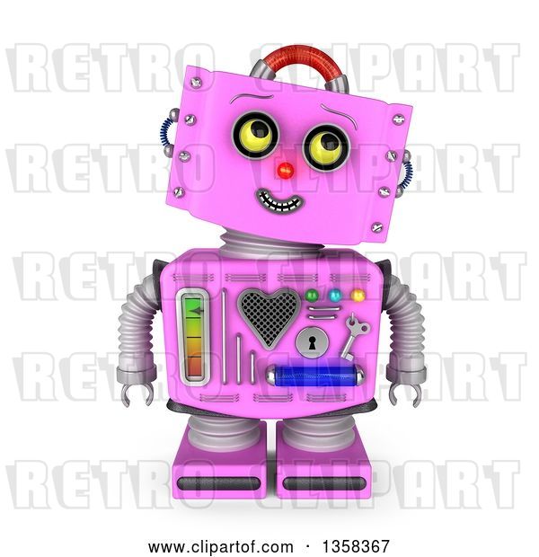 Clip Art of Retro 3d Pink Female Robot Looking up to the Right, on a White Background