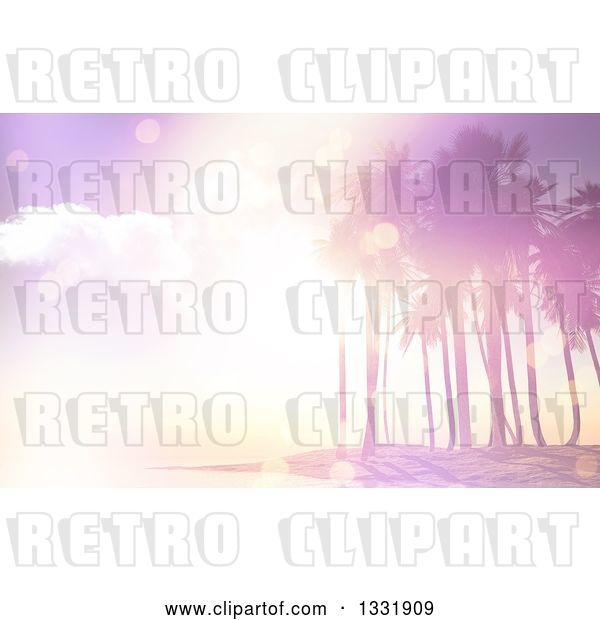 Clip Art of Retro 3d Pink Flare Sunset over a Tropical Island with Palm Trees