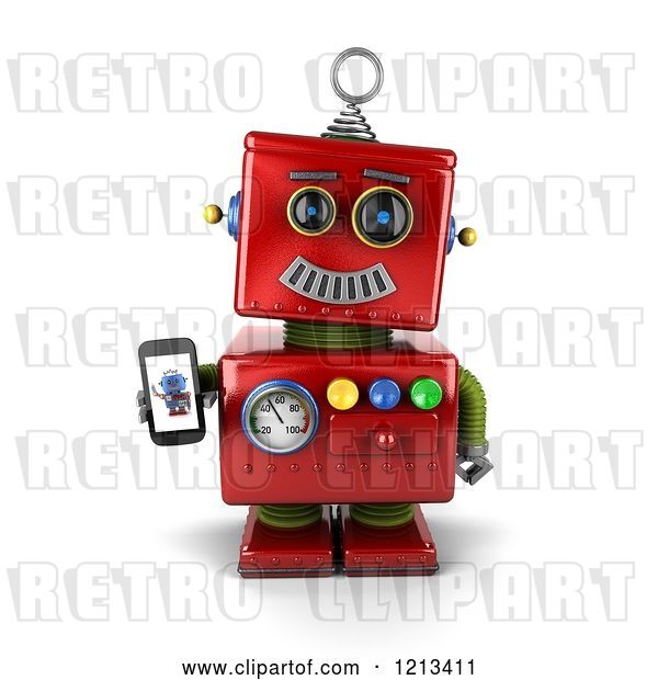 Clip Art of Retro 3d Red Robot Holding a Smart Phone with a Picture on the Screen