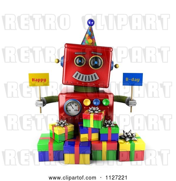 Clip Art of Retro 3d Red Robot Holding Happy Bday Signs