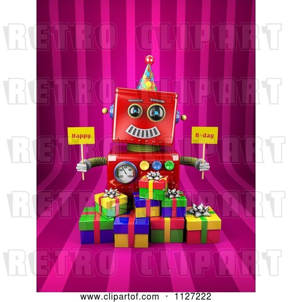 Clip Art of Retro 3d Red Robot Holding Happy Bday Signs over Gift Boxes on Pink Stripes