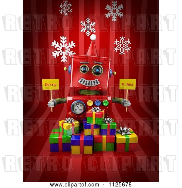 Clip Art of Retro 3d Red Robot Holding Merry X Mas Signs over Gift Boxes on Red with Snowflakes