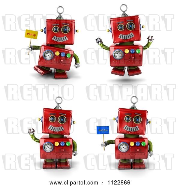 Clip Art of Retro 3d Red Robot Waving Jumping and Holding Flags