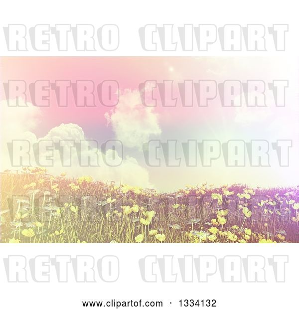 Clip Art of Retro 3d Style Hillside with Grass and Buttercup Flowers Against a Sky with Puffy Clouds