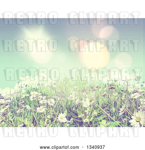Clip Art of Retro 3d Sunny Spring Background with Blue Sky, Daisies and Grass with Effect