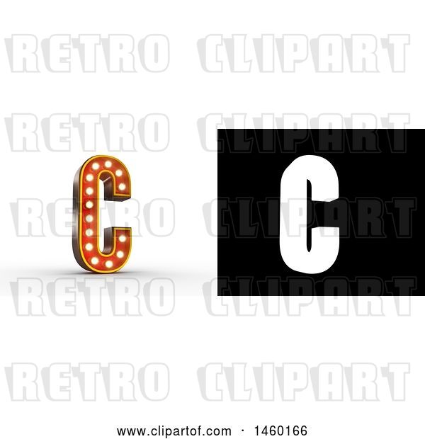 Clip Art of Retro 3D Theater Styled Letter C Design with Light Bulbs Illuminating It