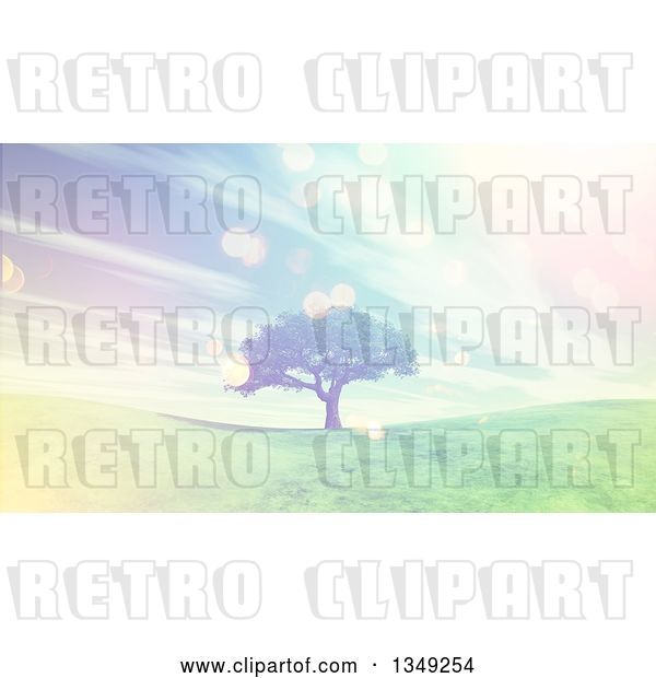 Clip Art of Retro 3d Tree on a Grassy Hill, with Sunshine and Clouds