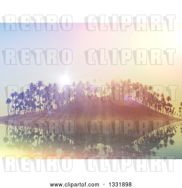 Clip Art of Retro 3d Tropical Island with Palm Trees and Flares at Sunset