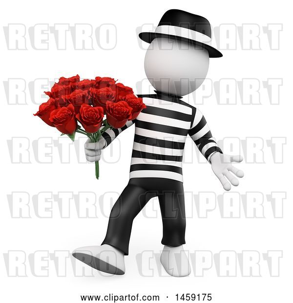 Clip Art of Retro 3d White French Guy with Roses, on a White Background
