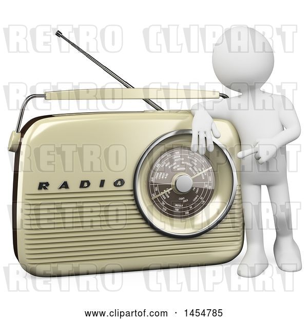 Clip Art of Retro 3d White Guy Presenting a Radio, on a White Background