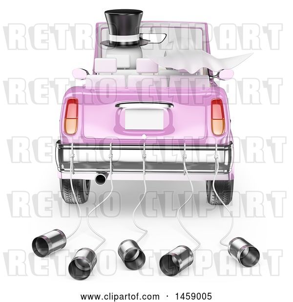 Clip Art of Retro 3d White Wedding Couple Driving Away in a Car, on a White Background