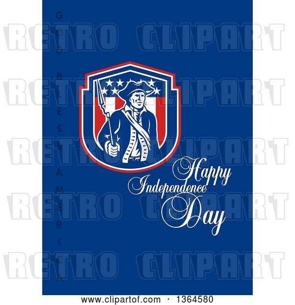 Clip Art of Retro American Revolutionary Patriot Soldier Holding a Bayounet in a Shield, with Happy Independence Day, God Bless America Text on Blue