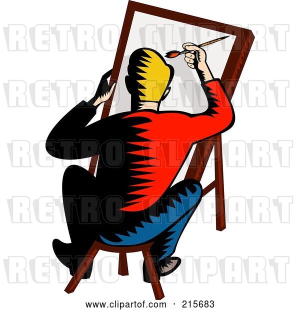 Clip Art of Retro Artist Sitting on a Stool and Painting