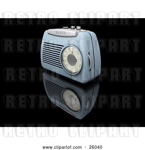 Clip Art of Retro Blue Radio with a Station Dial, on a Reflective Black Surface
