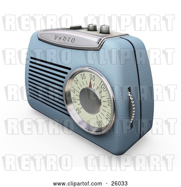 Clip Art of Retro Blue Radio with a Station Dial, on a White Surface