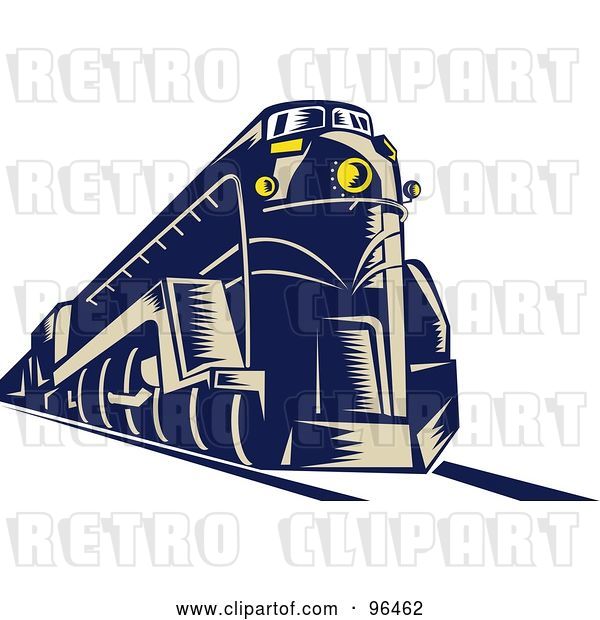 Clip Art of Retro Blue Steam Engine from a Front Left View