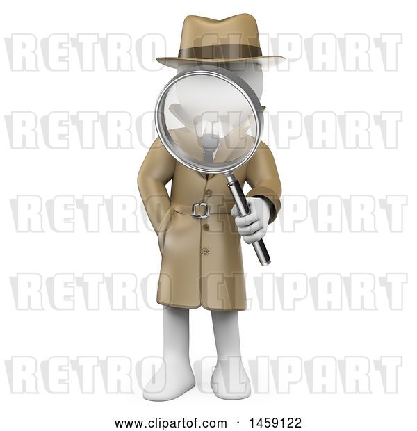Clip Art of Retro Cartoon 3d White Guy Detective Holding a Magnifying Glass, on a White Background