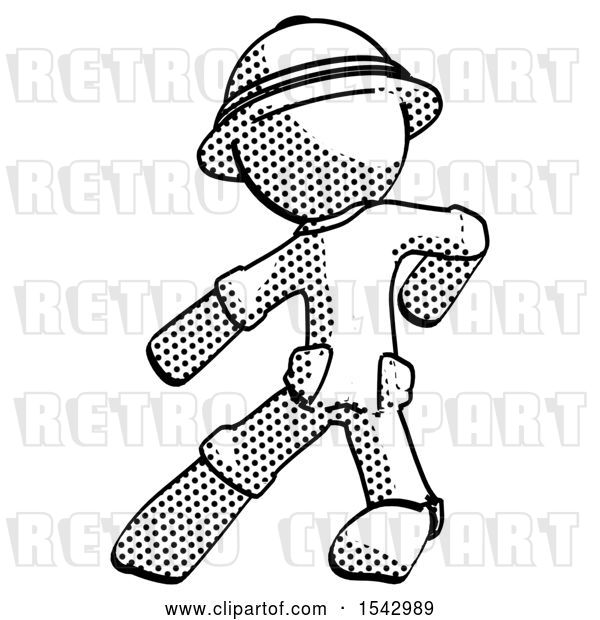 Clip Art of Retro Cartoon Halftone Explorer Ranger Guy Karate Defense Pose Left