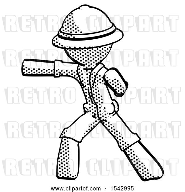 Clip Art of Retro Cartoon Halftone Explorer Ranger Guy Martial Arts Punch Left