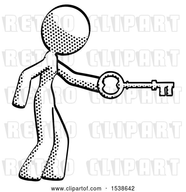 Clip Art of Retro Cartoon Lady with Big Key of Gold Opening Something